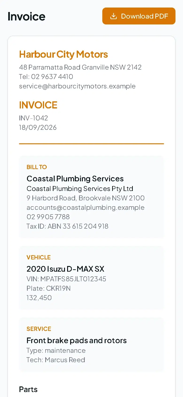 A shared invoice opened on a phone, showing the workshop details, invoice number, the customer, the vehicle and the service.