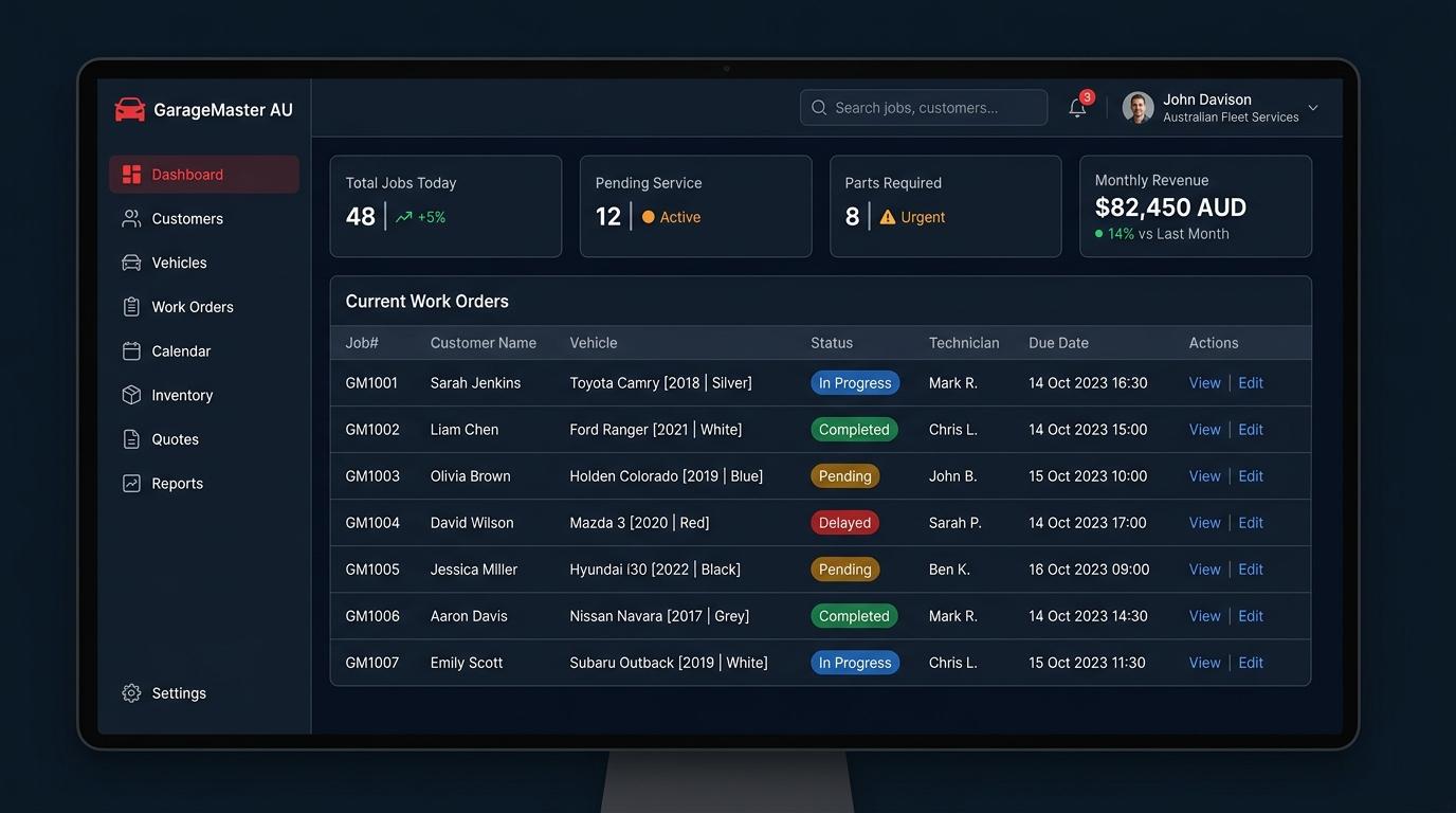 WRMS Pro dashboard showing work orders, vehicle data and job management for an automotive workshop