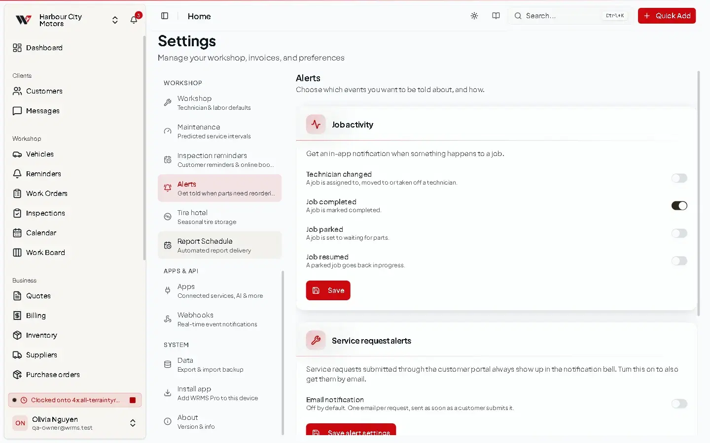 The Alerts settings page with the Job activity, Service request alerts and Low stock alerts cards.