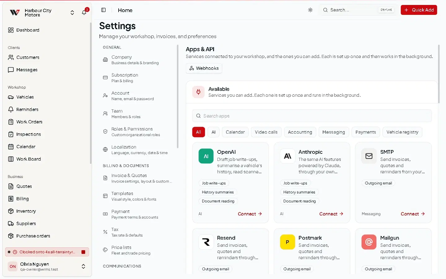 The Apps & API page with a Connected panel, search box, category filters and cards for each app with its logo and status.