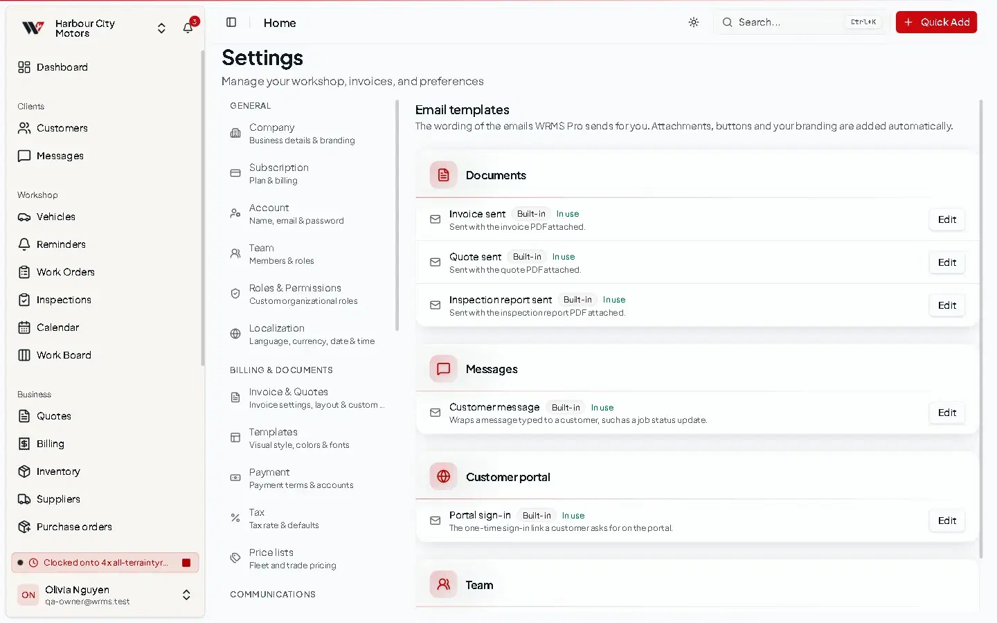 The Email templates settings page listing each email WRMS Pro sends with an Edit button.