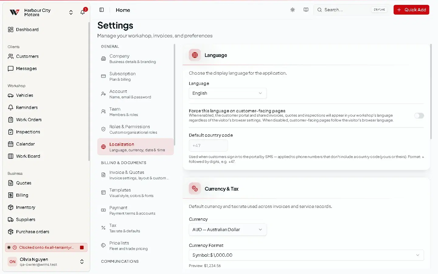 The Localization settings page with language, currency set to AUD, date and time formats and time zone.