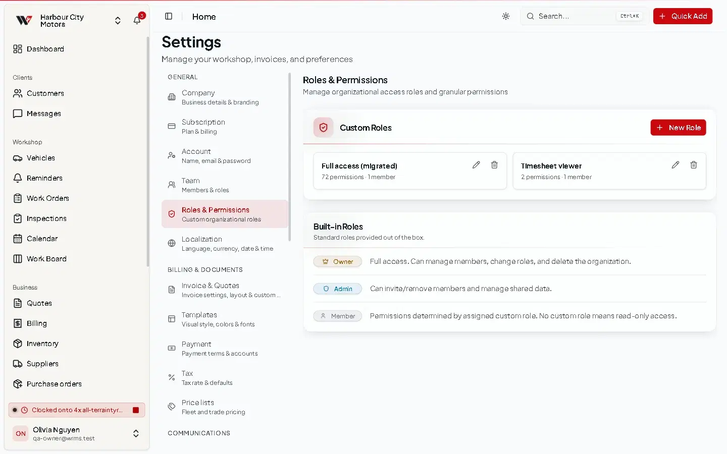 The Roles & Permissions settings page listing custom roles.