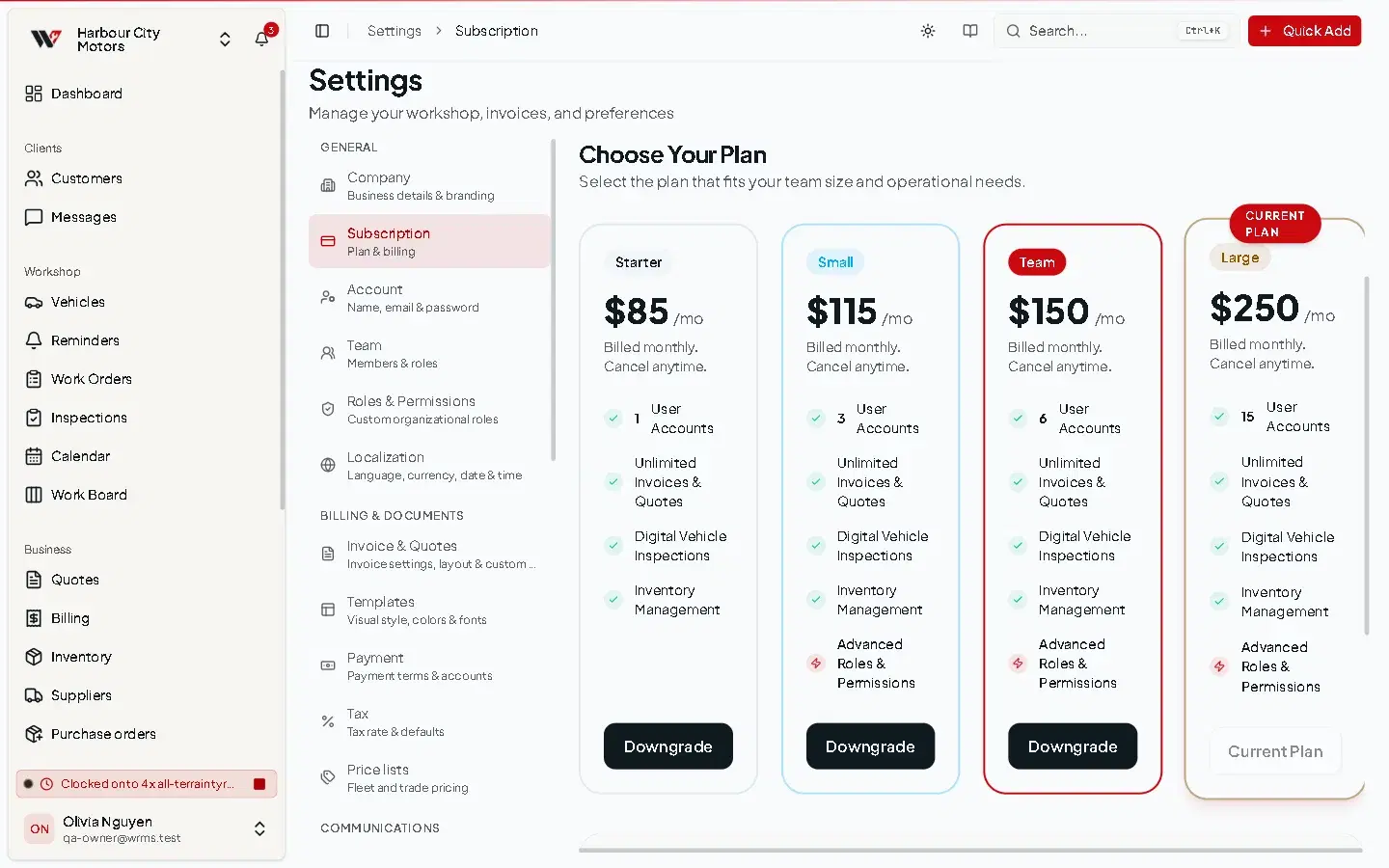 The Subscription page showing the current plan and the Starter, Small, Team and Large plan cards with their prices and buttons.