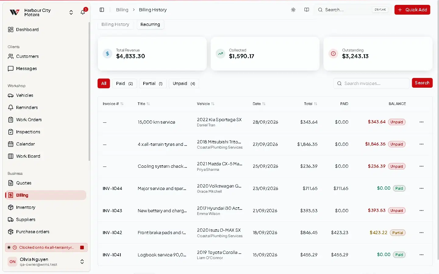 Billing history with total revenue, collected and outstanding amounts, filter buttons for Paid, Partial and Unpaid, and a list of invoices with balances.