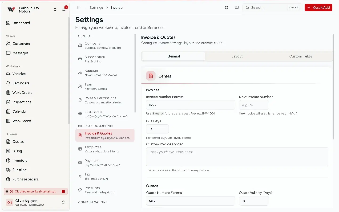 The Invoice & Quotes settings page with invoice numbering, payment terms, bank details and what to show on invoices.