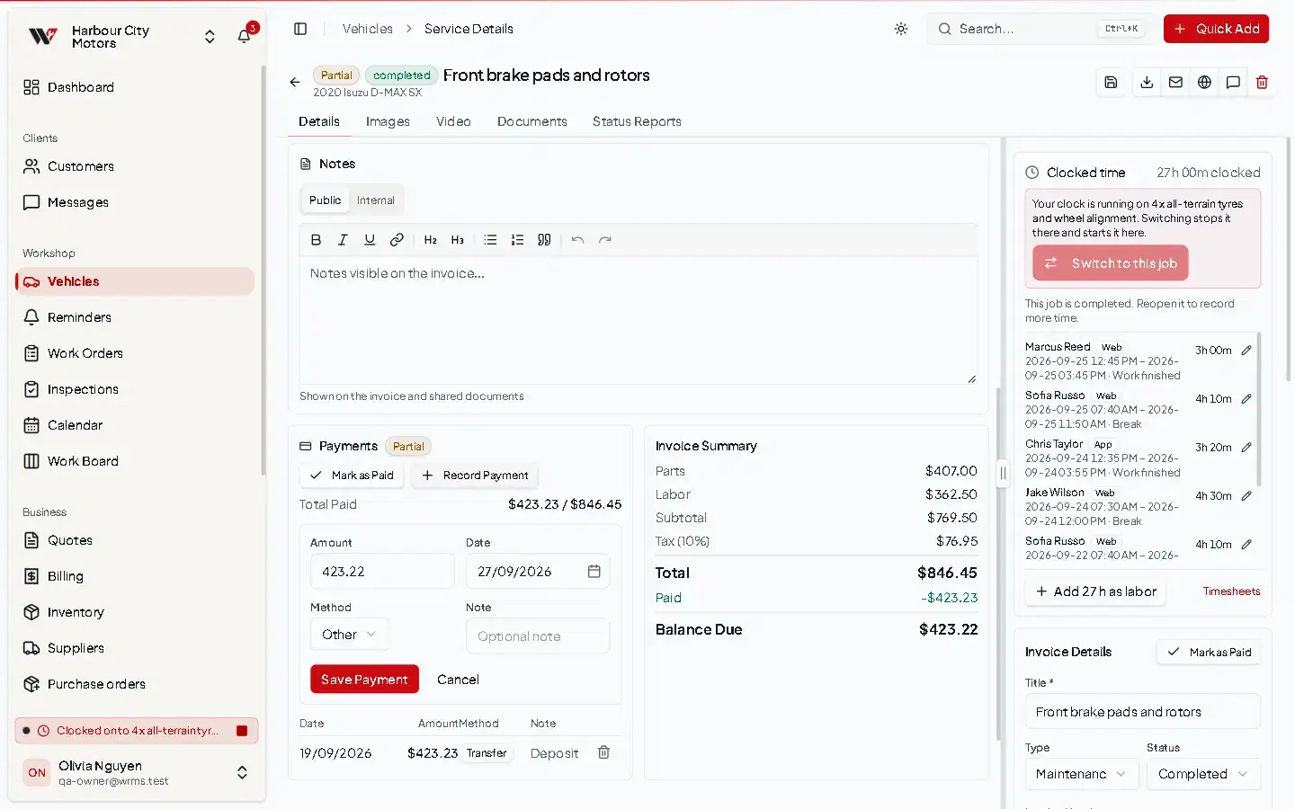 Invoice Summary on a work order showing parts, labour, subtotal, GST at 10%, total, the amount paid and the balance due.