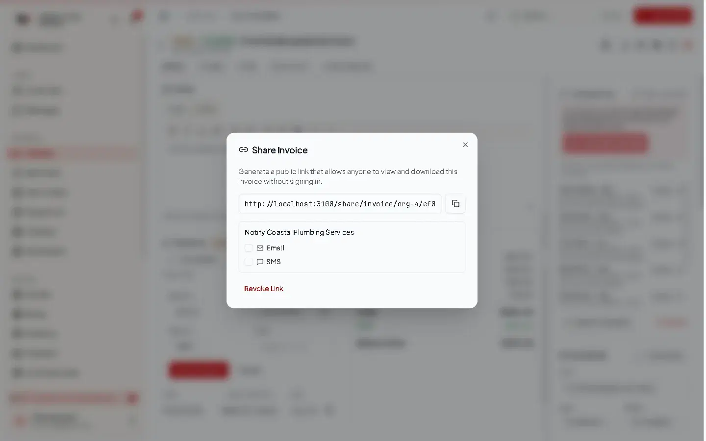 The Share Invoice dialog after generating a public link, with options to notify the customer by email or SMS and a Revoke Link button.