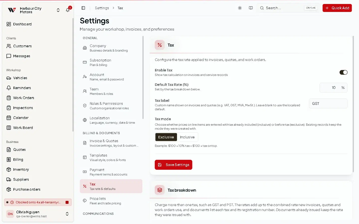 The Tax settings page with tax enabled, a 10% default rate, the tax mode and a Tax breakdown with GST at 10% and an ABN as the registration number.