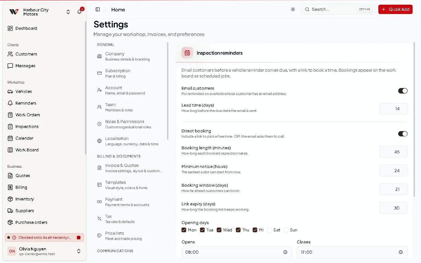 The Inspection reminders settings page with Email customers, lead time, Direct booking and booking options.