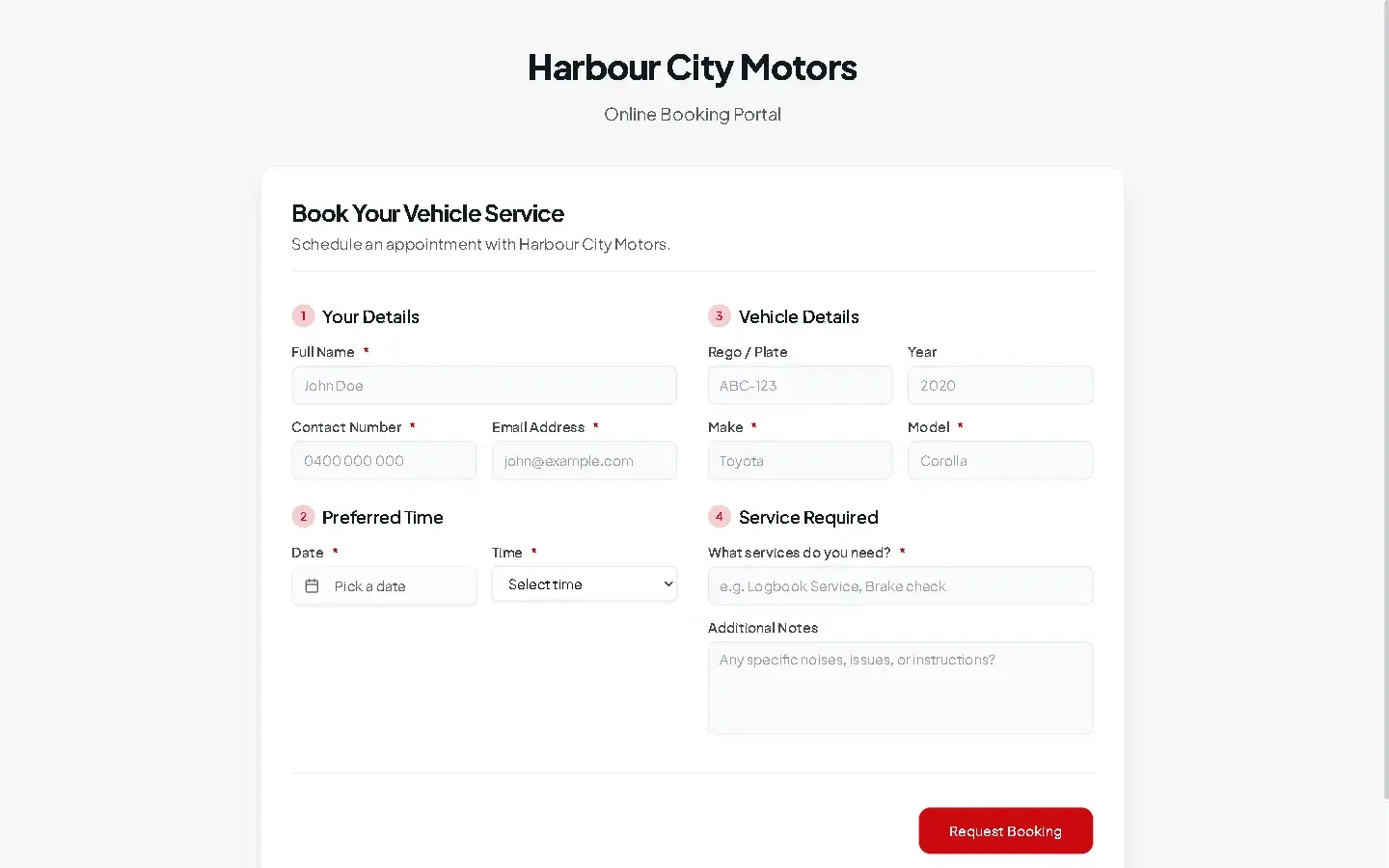 The Harbour City Motors online booking page with sections for Your Details, Preferred Time, Vehicle Details and Service Required, and a Request Booking button.