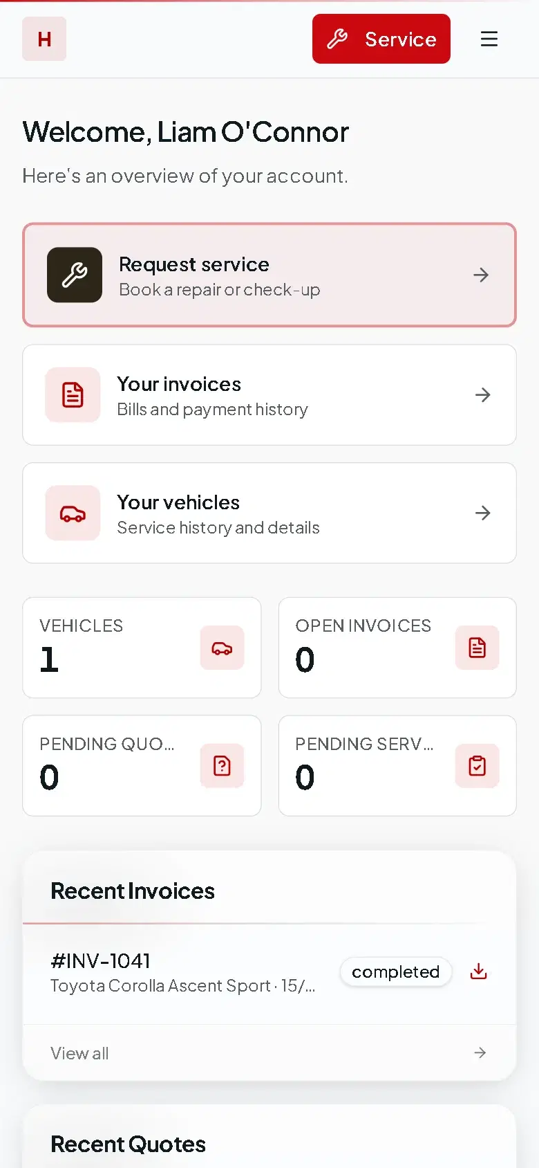 The customer portal dashboard on a phone with Request service, Your invoices and Your vehicles buttons.