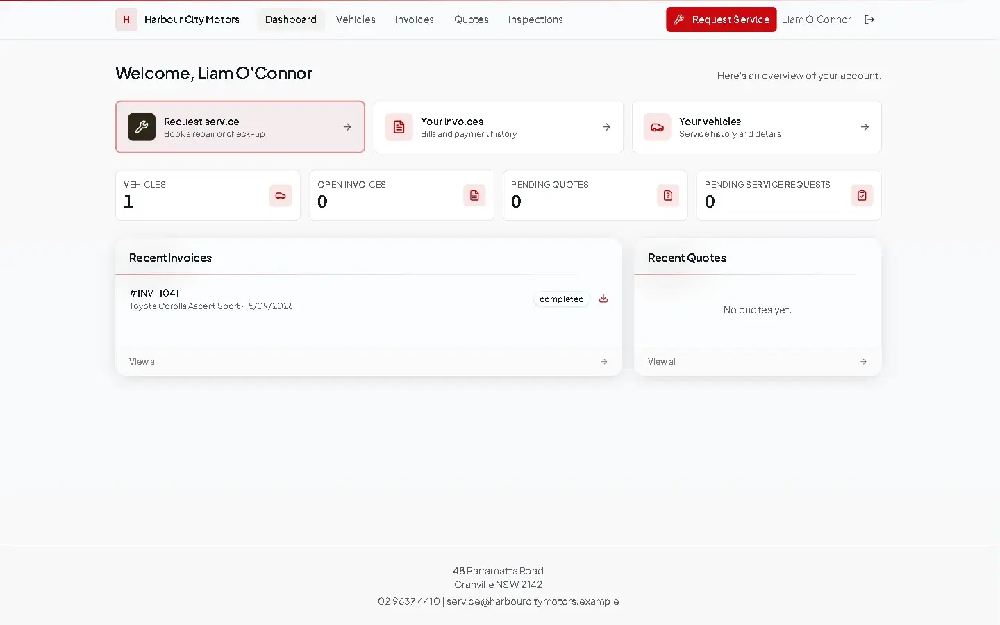The customer portal dashboard for Harbour City Motors, welcoming Liam O'Connor, with Request service, Your invoices and Your vehicles shortcuts and a recent invoice.