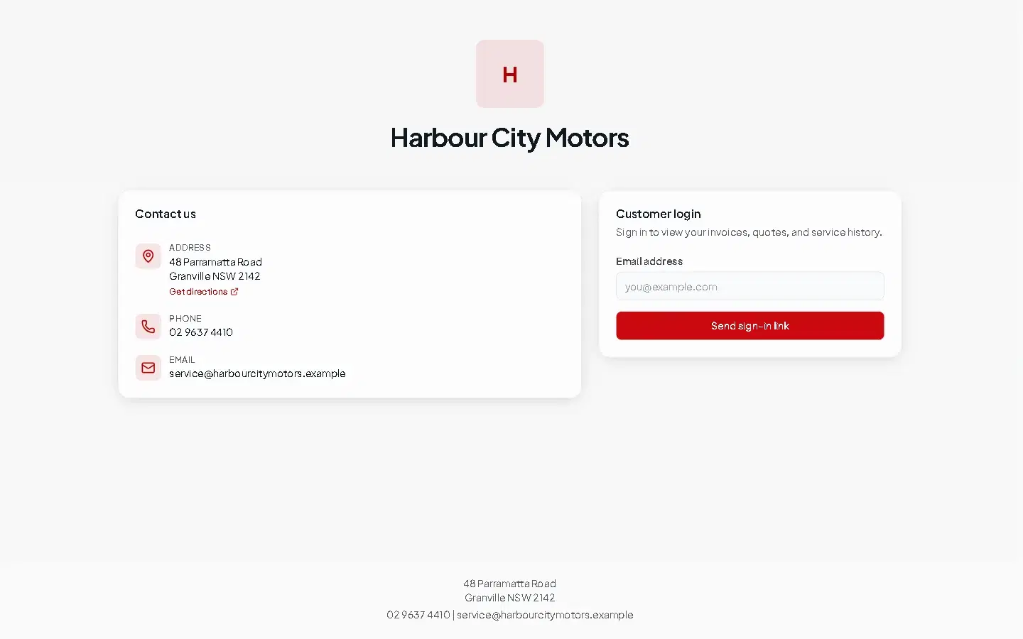 The portal front page for Harbour City Motors with contact details on the left and the Customer login form on the right.