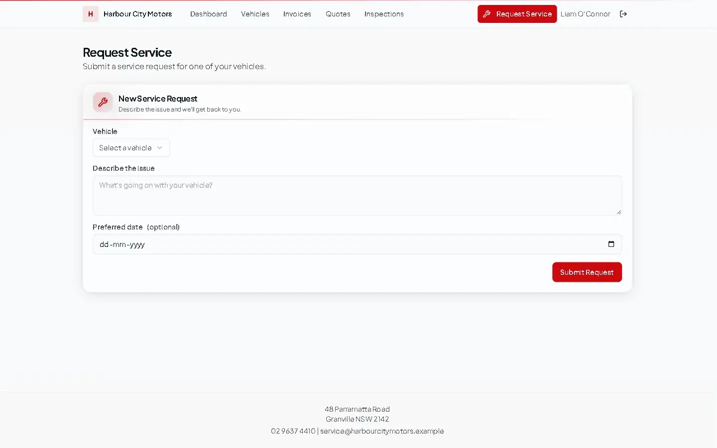The Request Service form in the portal with Vehicle, Describe the issue and Preferred date fields and a Submit Request button.