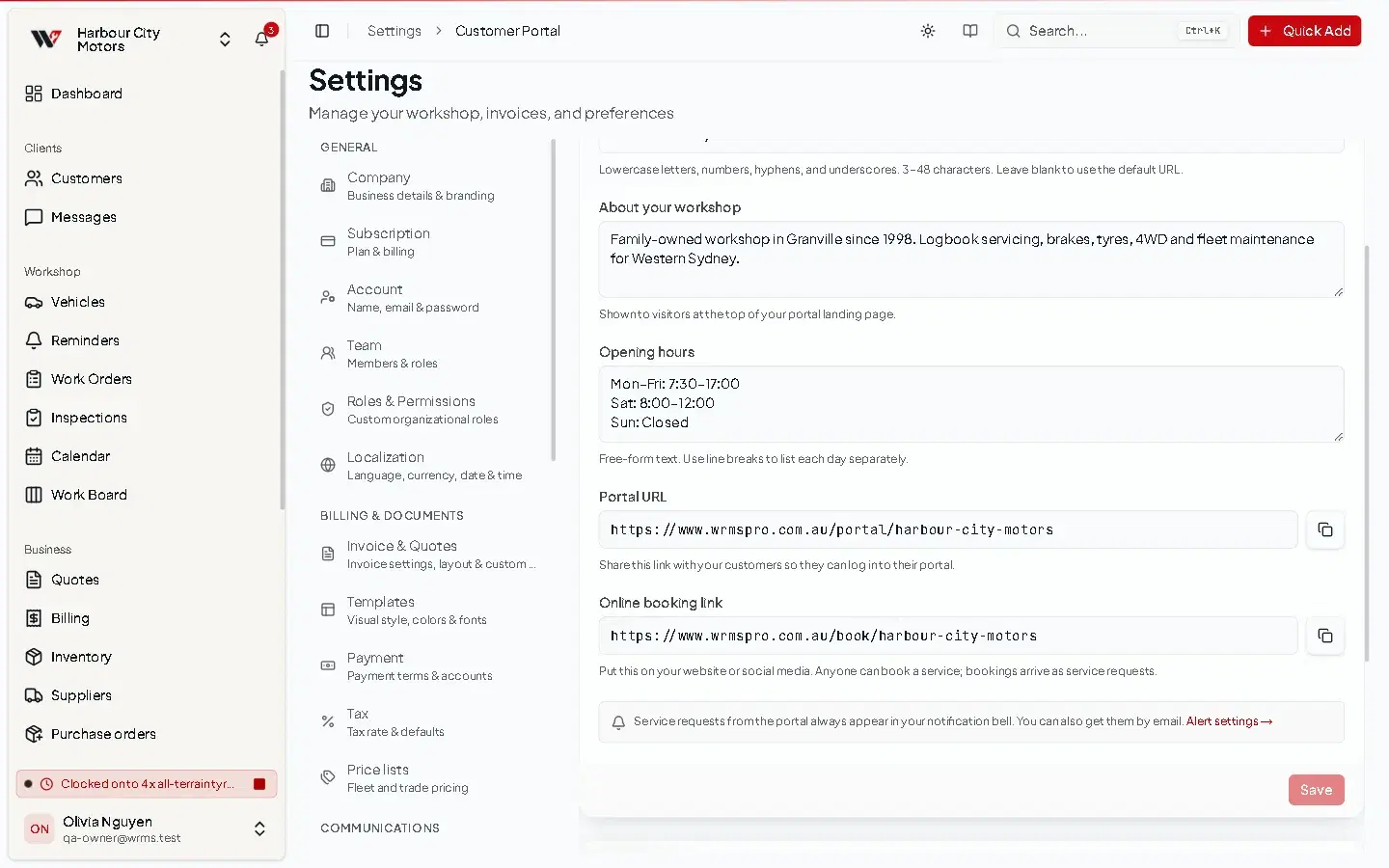 Customer Portal settings showing About your workshop, Opening hours, the Portal URL and the Online booking link, each with a copy button.