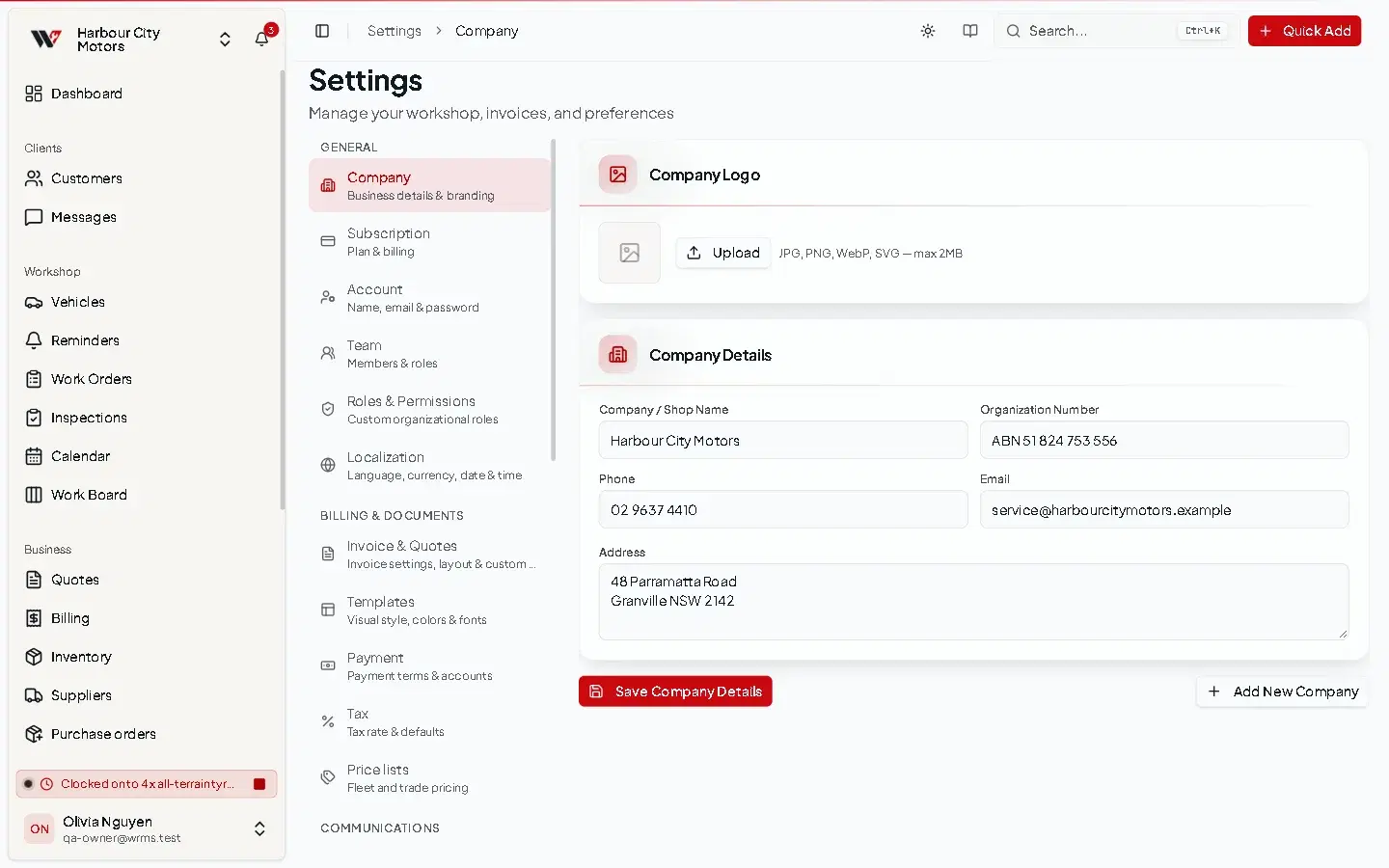Settings, Company page showing the company logo upload and company details: shop name, organisation number with an ABN, phone, email and address.