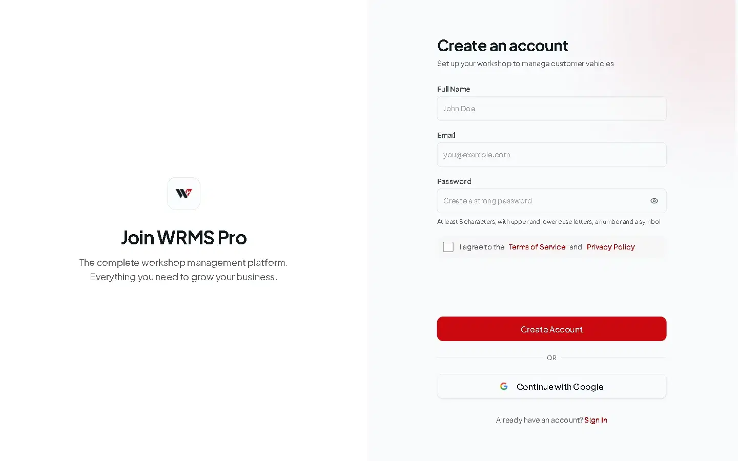 The WRMS Pro sign-up page with Full Name, Email and Password fields, the terms checkbox and a Continue with Google button.