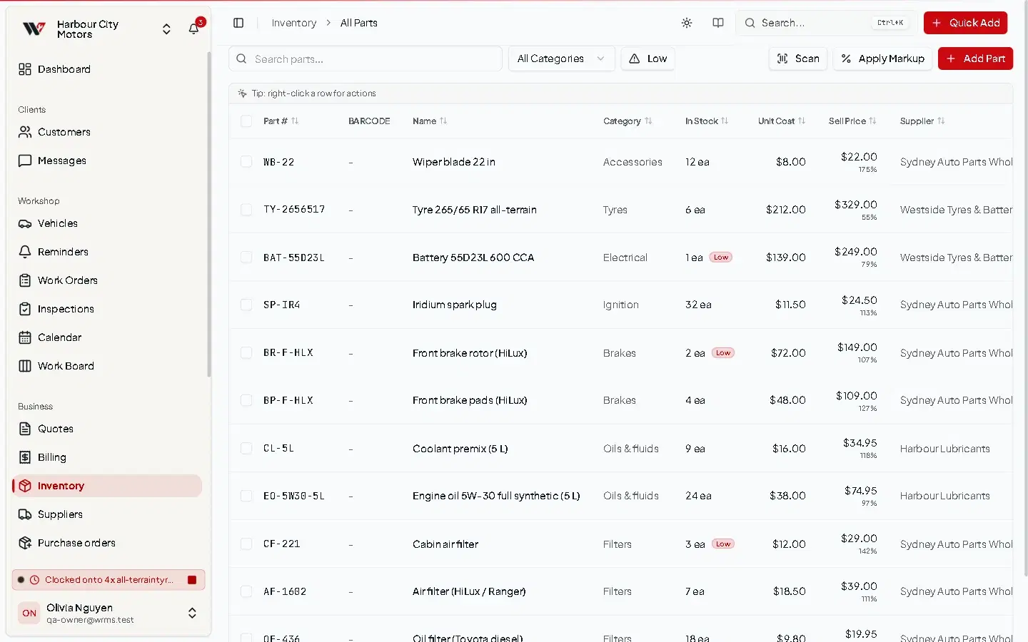 The Inventory page listing parts with part number, name, category, stock with Low badges, unit cost, sell price and markup, and supplier.