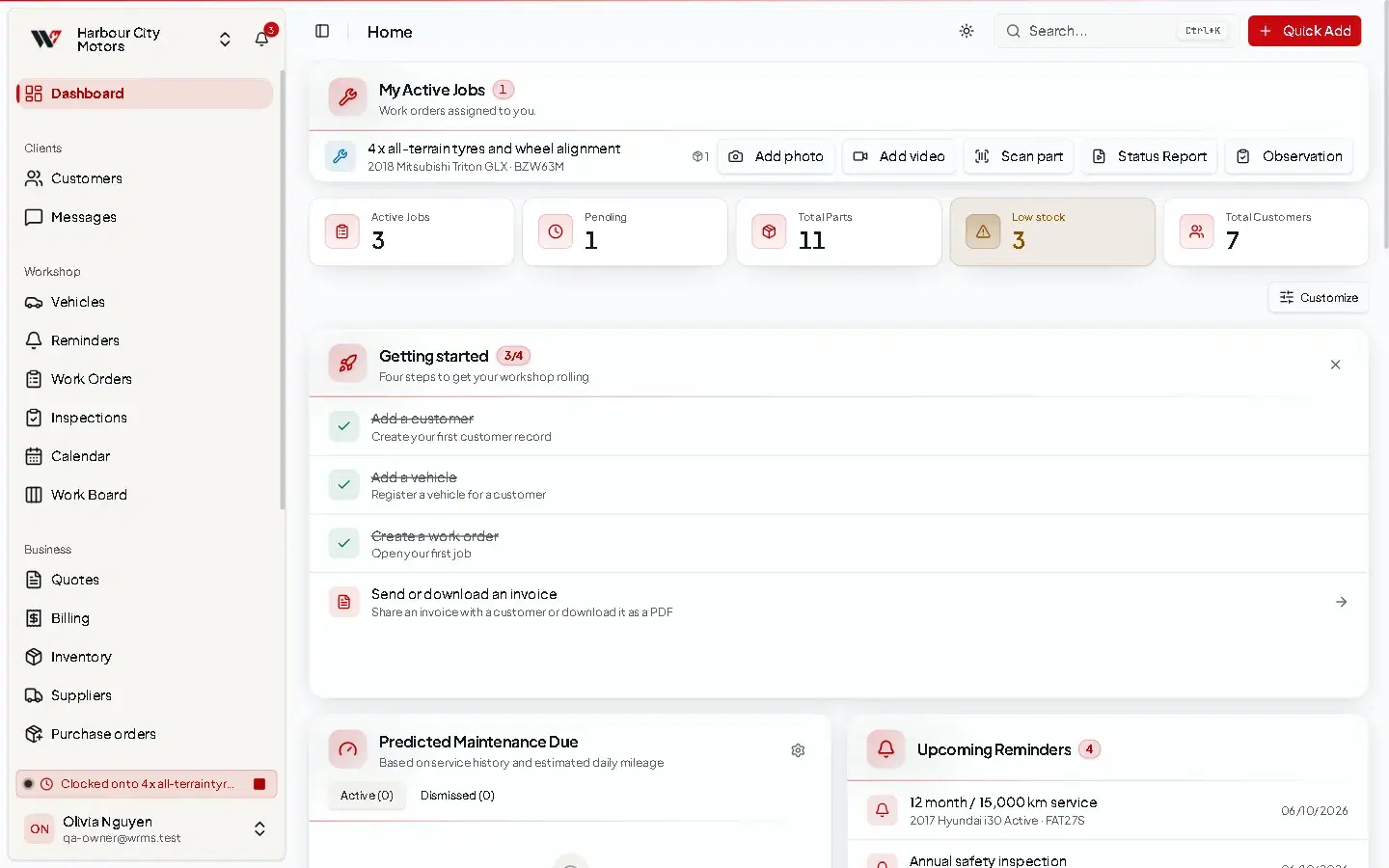 The WRMS Pro dashboard showing My Active Jobs with quick actions, counts for active jobs, pending jobs, parts, low stock and customers, and the Getting started checklist.