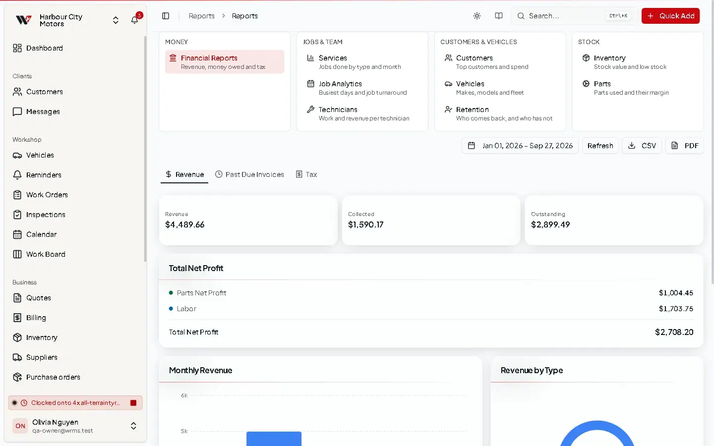 The Reports page with report categories, a date range, CSV and PDF export, and revenue, collected and outstanding totals.