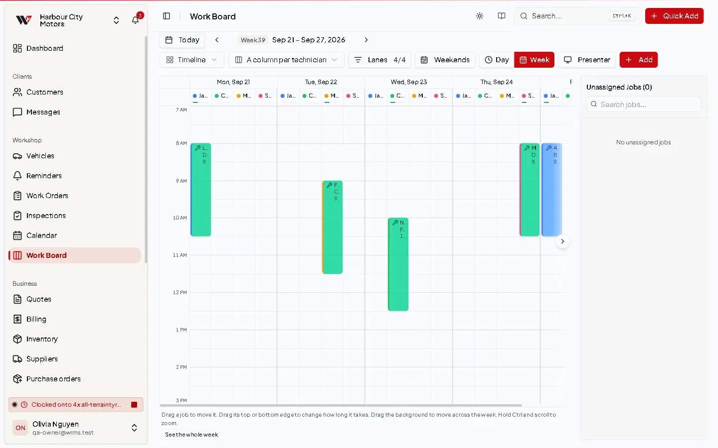 The Work Board in week view with a column per technician for each day and scheduled jobs shown as blocks.